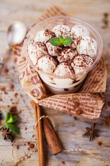 Classic tiramisu in a glass cup decorated with cocoa powder