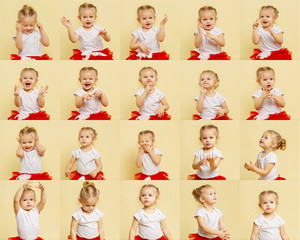 Set of emotional photos of a little girl, closeup