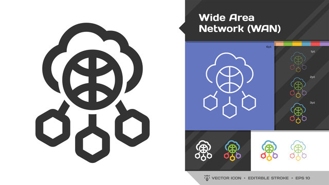 Wide area network WAN icon black glyph silhouette and editable stroke thin outline single with world internet technology, cloud computing and  networking communication symbol.