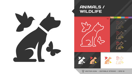 Obraz premium Animals or wildlife black glyph silhouette and editable stroke thin outline single icon with dog, flying bird and insect butterfly pet symbol.