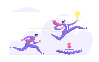 Business Risk Management Creative Idea Concept with  Businessman Running Jumping Over Trap. Business Character Challenge with Light Bulb. Flat Vector Cartoon Illustration
