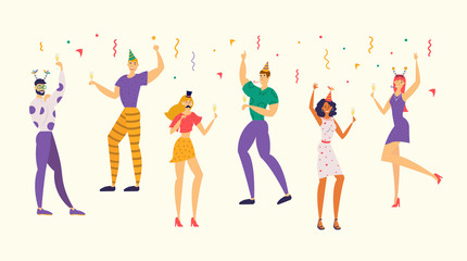 Happy Characters Celebrating on the Party. Cheerful People Having Fun and Toast. Man and Woman with Champagne on Birthday Party. Flat Vector Cartoon Illustration