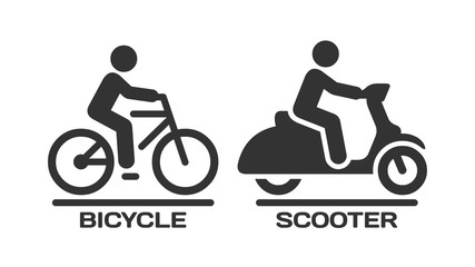 Vector isolated bicycle and motor scooter icon. Motorcycle and bike with rider on road silhouette symbols. © Yuriy