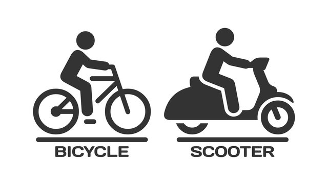 Vector isolated bicycle and motor scooter icon. Motorcycle and bike with rider on road silhouette symbols.