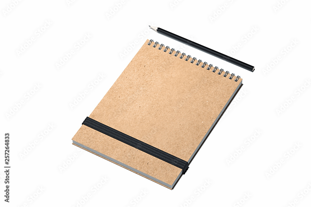 Poster realistic notepad with black elastic ribbon on dark background. 3d rendering.