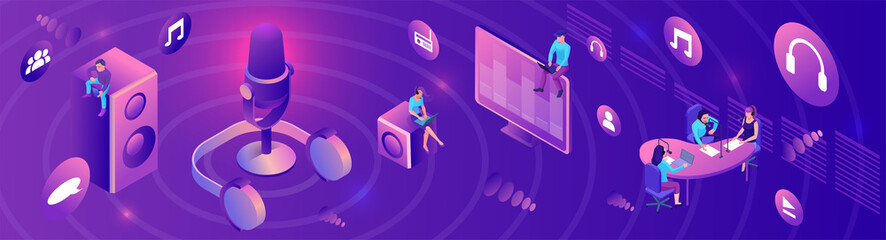 Isometric podcast horizontal banner, modern music radio show, audio blog concept, isometric 3d illustration, vector landing page template with people, microphone, glowing violet sound studio interior - obrazy, fototapety, plakaty