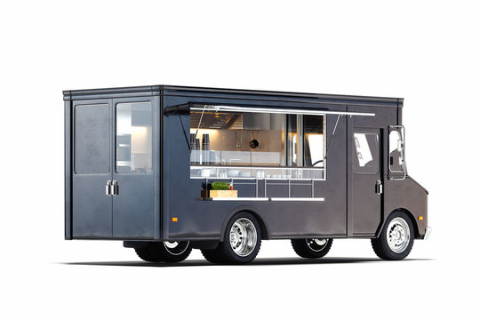 Black Realistic Food Truck Isolated On White. 3d Rendering.