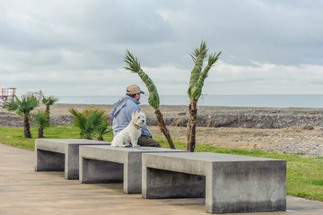 A man with a dog is sitting on a bench and looking at the sea.