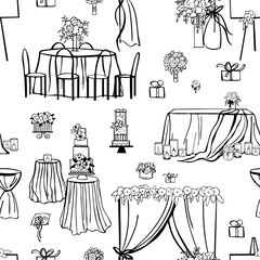 Wedding flowers, cake, decoration for tables,  bridal bouquet. Vector  seamless pattern.