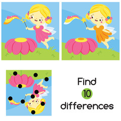 Find the differences. Educational children game. Activity for pre school years kids. Cute fairy fly