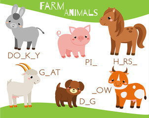 Fototapeta na wymiar Farm animals. Write missing letters and complete words. Crossword for kids and toddlers. Educational children game.