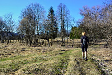 Woman backpacker hiking on ground road  in early spring sunny day