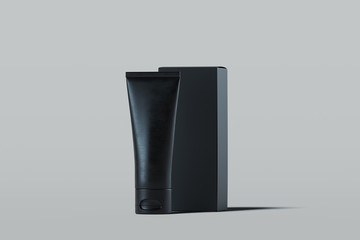 Cosmetic tube for cream, gel, lotion with black cardboard box. 3d rendering.