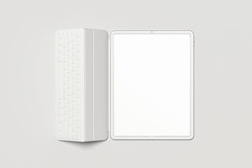 Modern tablet with keyword and blank screen on light background. 3d rendering.