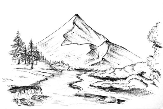 Art picture drawn mountain landscape with a river sketch black and white  sketch Stock Illustration  Adobe Stock