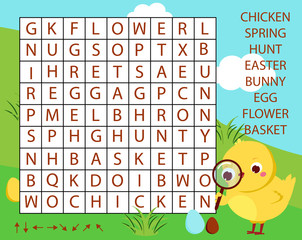 Educational game for children. Word search puzzle kids activity. Easter theme learning vocabulary.