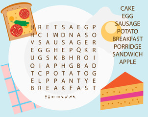 Educational game for children. Word search puzzle kids activity. Food theme learning vocabulary.
