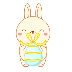 Cute Easter bunny with egg. Cartoon rabbit in kawaii style. Isolated clip art, sticker for Easter design