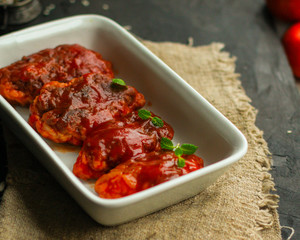 meatballs in tomato sauce (cutlets, minced meat). top  food background. copy space