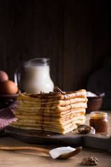  stack French crepes, russian or ukrainian blini or blintzes. Maslenitsa holiday food.