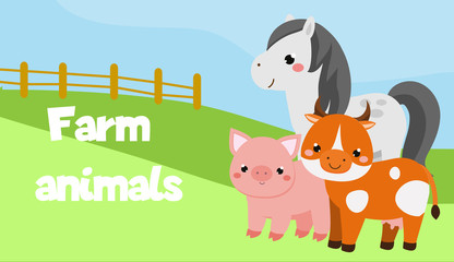 Obraz premium farm animals banner. Horse, cow, pig. cartoon animals characters