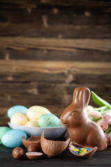 Chocolate Easter bunny and eggs