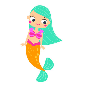 Cute cartoon mermaid. Fairy creature character. vector clip art