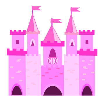 Fairy tale princess castle with turrets. Pink palace. Vector illustration for children, kids