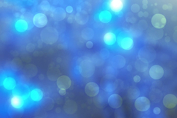 Abstract blue unterwater bubbles background texture with blue and turquoise lightening bokeh circles. Beautiful blue illustration. Space for design.