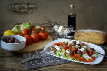 Still life with salad  with feta cheese