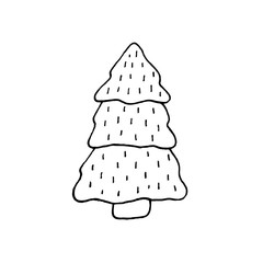 Cute cartoon hand drawn christmas tree drawing. Sweet vector black and white christmas tree drawing. Isolated monochrome doodle christmas tree drawing on white background.