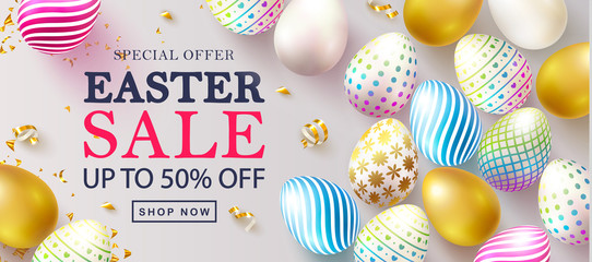 Fototapeta na wymiar Happy Easter Sale banner.Beautiful Background with colorful eggs and golden serpentine. Vector illustration for website , posters,ads, coupons, promotional material