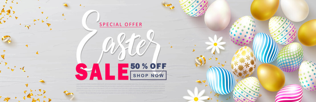 Happy Easter Sale banner.Beautiful Background with colorful eggs, chamomile and golden serpentine. Vector illustration for website , posters,ads, coupons, promotional material.