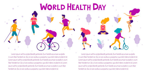 World health day vector illustration. Healthy lifestyle concept. Different physical activities.