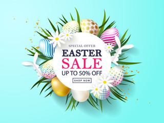 Happy Easter Sale banner.Beautiful Background with colorful eggs, paper bunnies,chamomile,green grass and golden serpentine. Vector illustration for website , posters,coupons, promotional material.