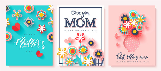 Set of greeting cards Happy Mother's day. Paper cut flowers and hand drawn lettering. Vector illustration.