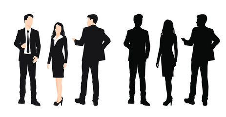 Set of silhouettes of men and woman standing in different poses, cartoon character, group of business people, vector illustration, flat designe icon, isolated on white 