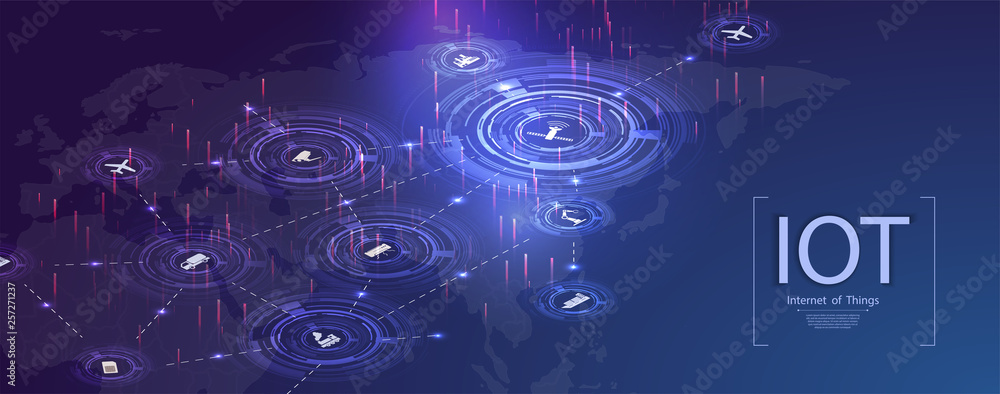 Poster internet of things (iot), devices and connectivity concepts on a network. spider web of network conn