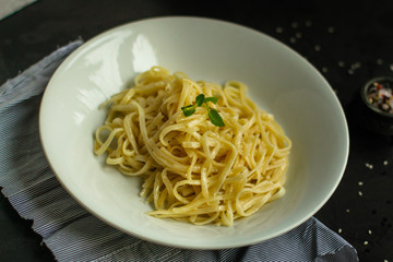 pasta, Spaghetti or Bucatini - portion. Italian food. top view. Futazh