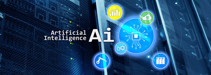 Artificial intelligence hi-tech business technologies concept. Futuristic server room background. AI