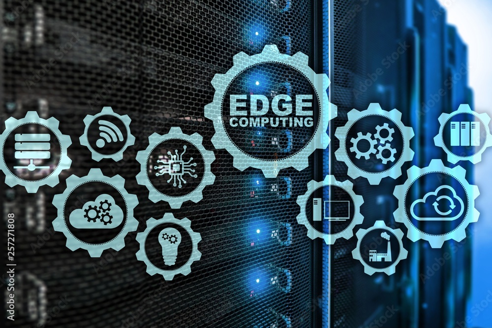 Aufkleber  edge computing on modern server room background. information technology and business concept for re