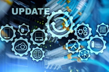 Update Software Computer on Virtual Screen Server Room Datacenter Background. Technology Updating...