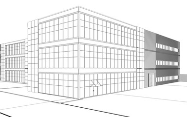 3d render exterior mall, contour visualization, 3D illustration, sketch, outline