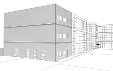 3d render exterior mall, contour visualization, 3D illustration, sketch, outline