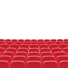 Fototapeta premium Vector theatre red seat chair in conference auditorium room. Row cinema red seat illustration on transparent white background. Movie or theater seats