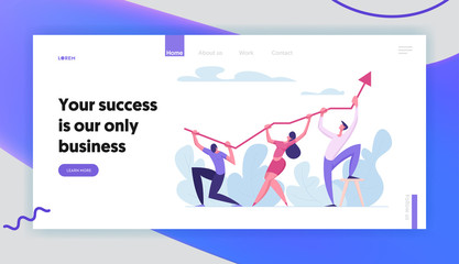Financial Growth, Business Success Concept with People Characters holding Arrow, Profit. Teamwork Banner with Man and Woman working with Finance Graph for Website, Web Page. Flat Vector Illustration