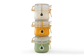 Three reusable multicolor jam jars for preserving with flip-top or bail closure