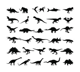 Dinosaurs large collection. T Rex vector silhouette isolated on white background. Tyrannosaurus shadow symbol. Jurassic era. Dino sign. Triceratops, Stegosaurus, Brachiosaurus, Pteranodon, Spinosaurus