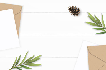 Flat lay top view elegant white composition letter kraft paper envelope pine cone and tarragon leaf on wooden background