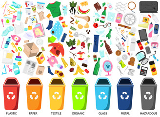 Waste sorting. Big collection of garbage types. Organic, paper, metal, hazardous, textile and other trash icons, bins